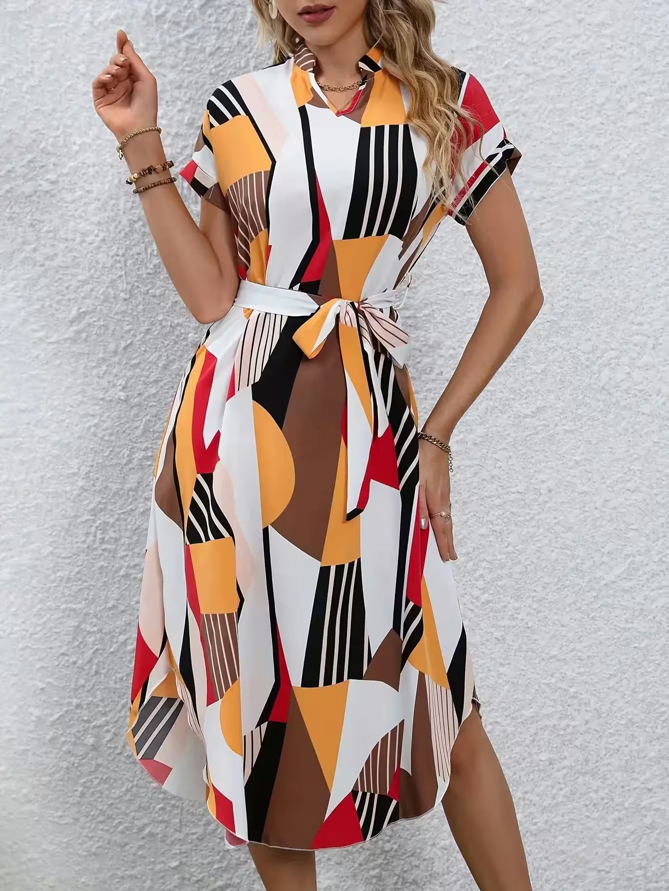 Dress Cross-border elegant full print bat wing sleeve belt - Additional View 6