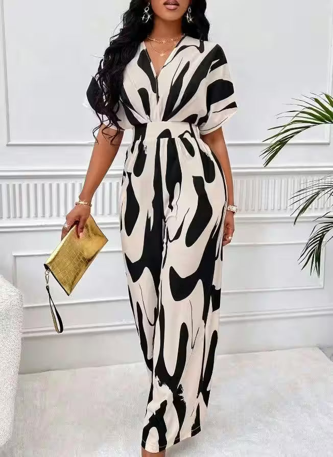 Casual Wide Leg Print V-neck Short Sleeve Jumpsuits - Women's Fashion - View 8