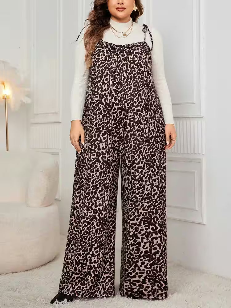 Plus Size Leopard Print Tie Shoulder Jumpsuits - Additional View 5