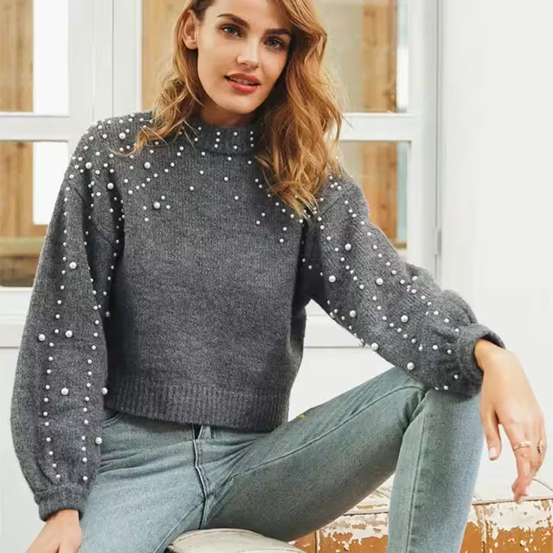 Sweater Knitted Neck Short Pullover Long Sleeves - Women's Fashion - View 3