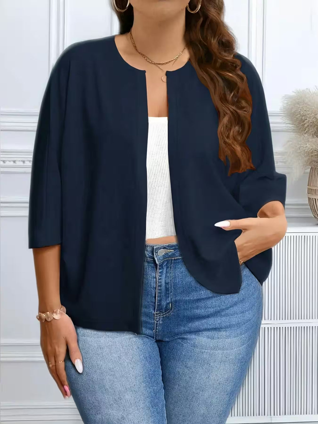 Plus Size Open Front Cardigan Lightweight 3/4 Sleeve Casual - Additional View 5