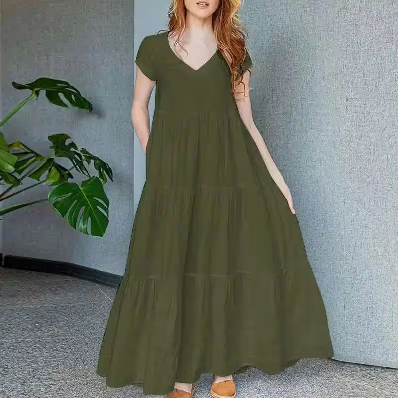 Dress Bohemian Holiday Sundress V Neck Short Sleeve - Additional View 8