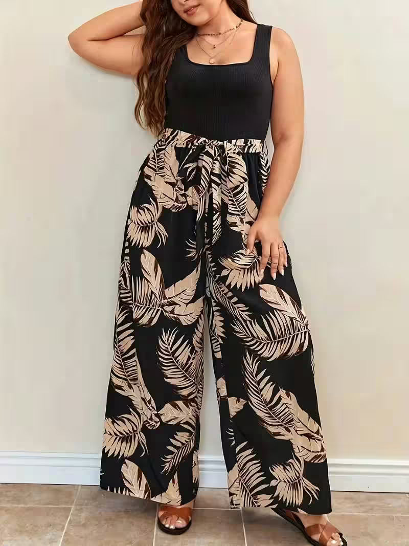 Bottoms - Plus Size Tropical Print Casual Belted Jumpsuit