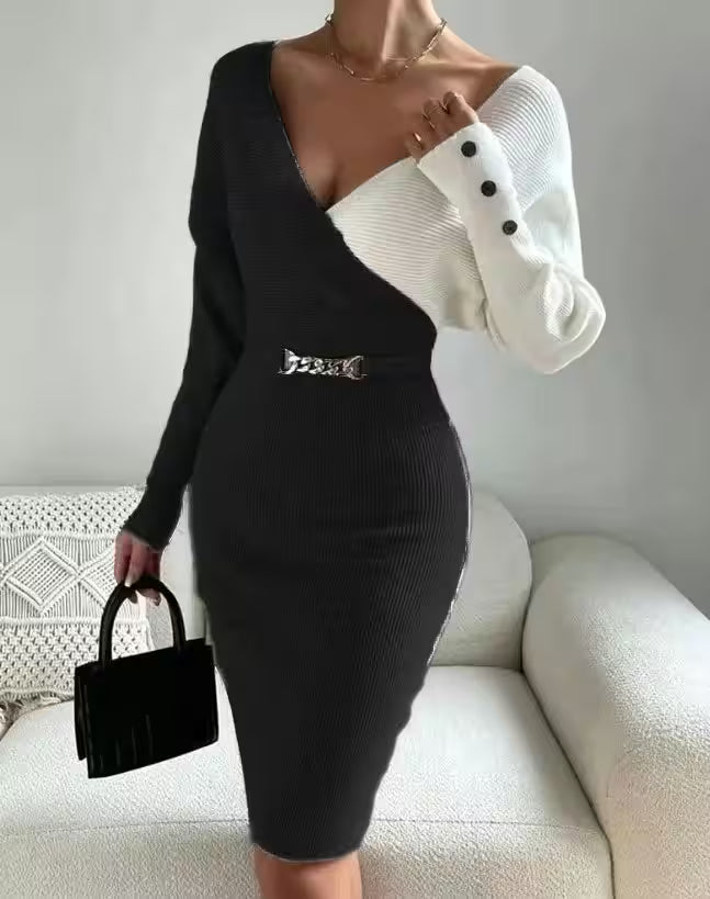 V-neck Splice Fashion Slim Fit Sexy Dress - Additional View 2