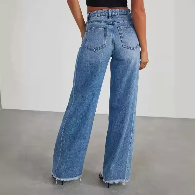 Wide Leg Side Seam Stitching Frayed Hem Jeans - Additional View 3