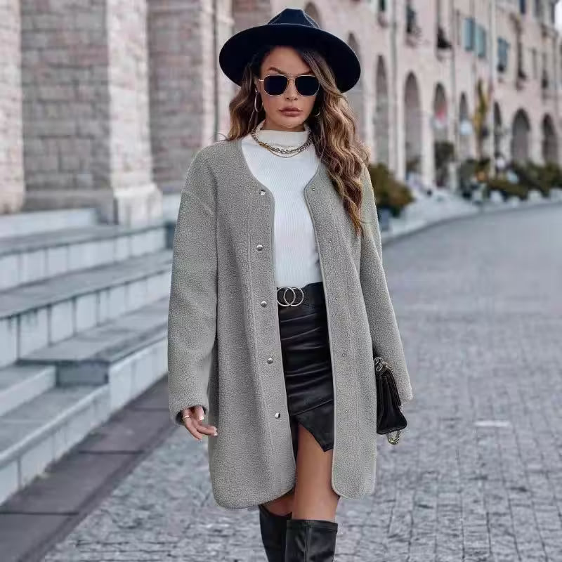 Casual Solid Color Neck Long Sleeved Jacket - Flair Feminine