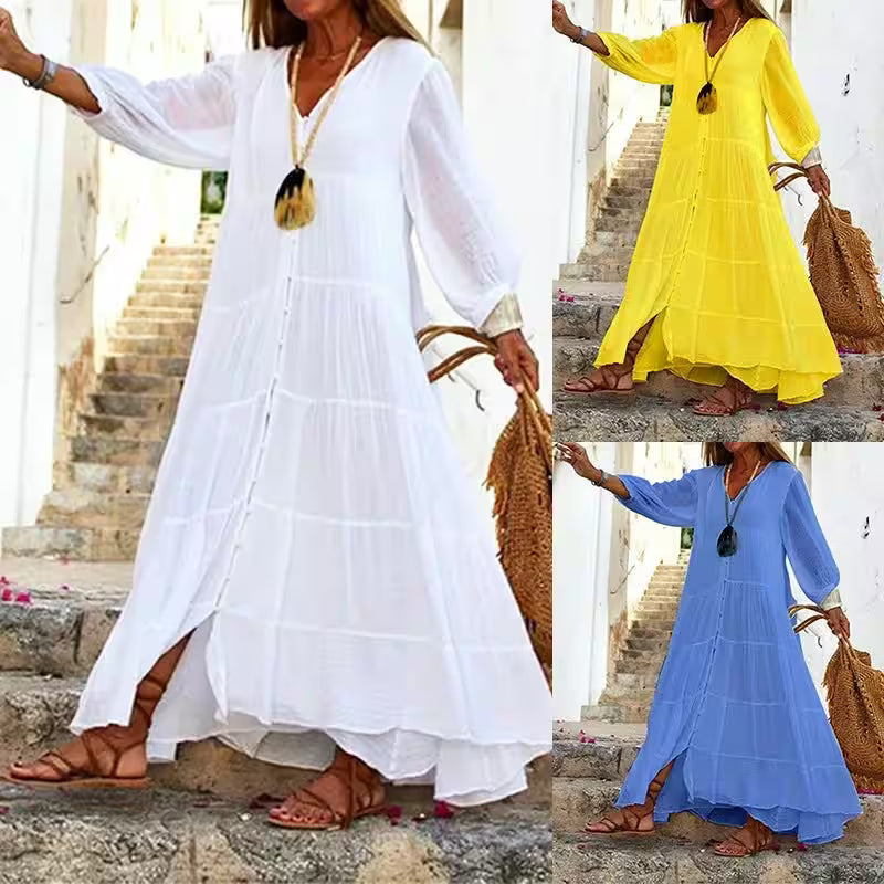 Dresses - V-Neck Loose Long Sleeve Cotton And Linen Dress