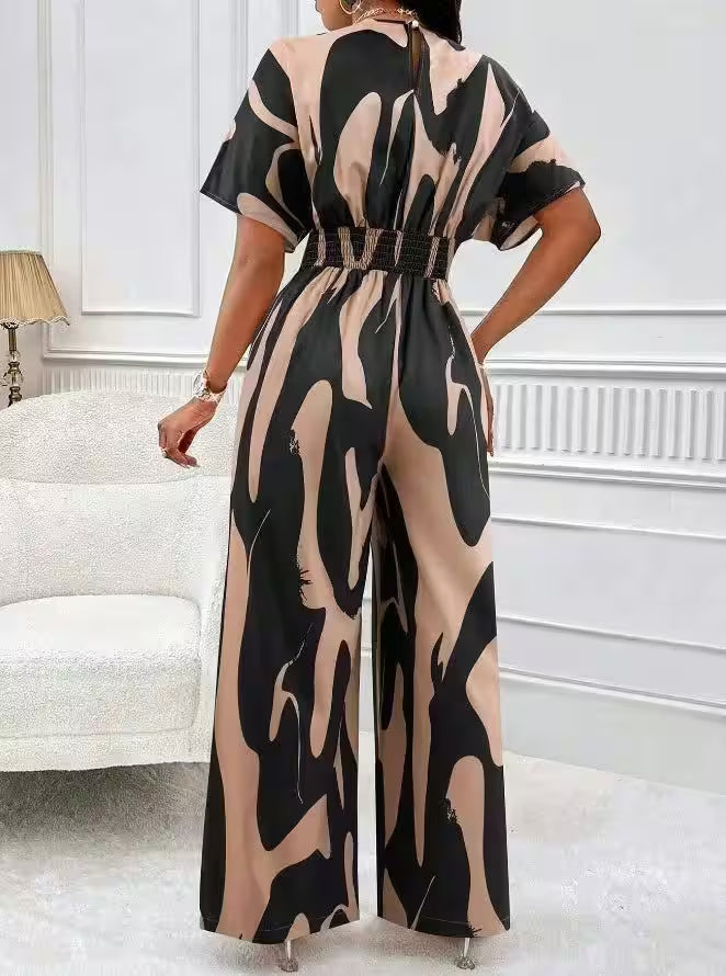Casual Wide Leg Print V-neck Short Sleeve Jumpsuits - Women's Fashion - View 5