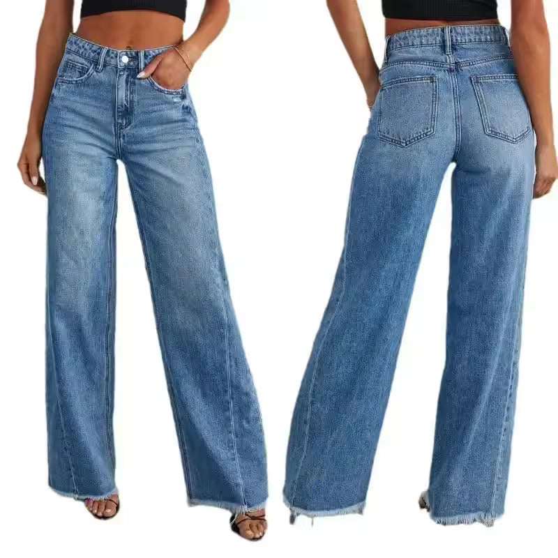 Wide Leg Side Seam Stitching Frayed Hem Jeans - Additional View 5