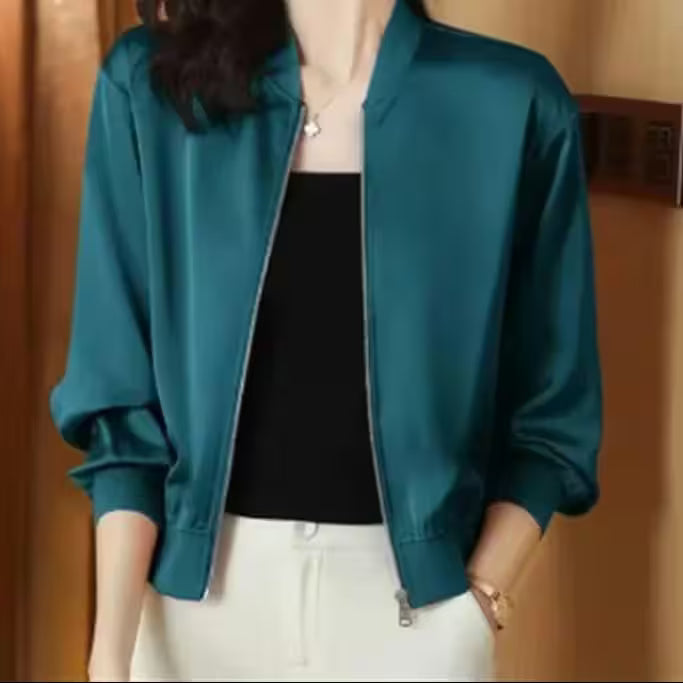Coat Short - silk-short-jacket-woman-coat-loose-satin-outwear-solid-color-cloth-zip-baseball-jacket-spring-autumn-clothes-thin-female-jacket