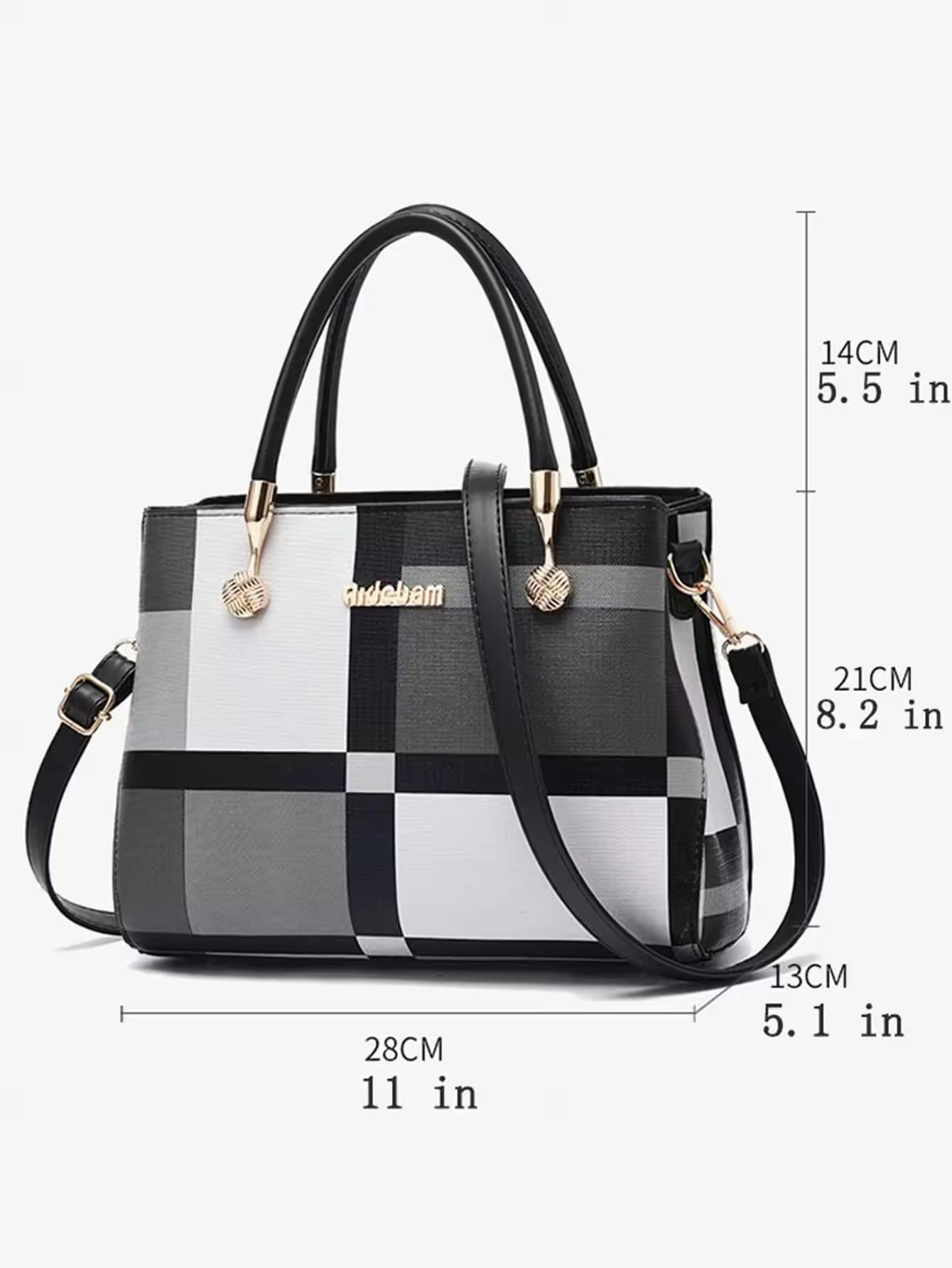 Plaid Pattern Handbag, Pompom Decor - Additional View 5