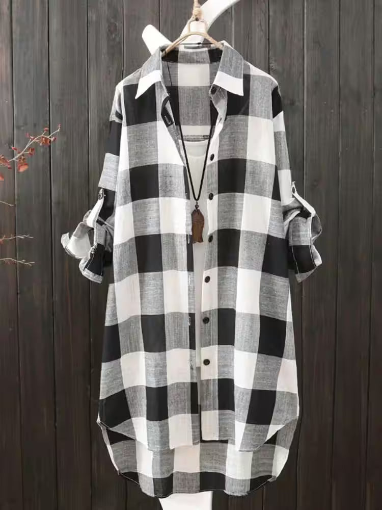 Plus Size Loose Plaid Blouse Cotton Shirt Style Outwear - Women's Fashion - View 3