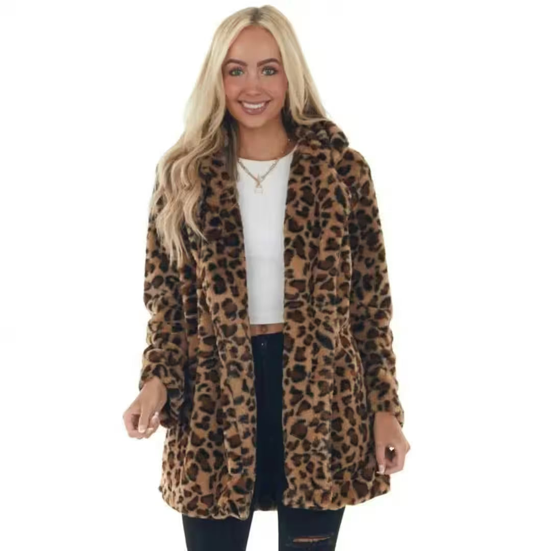 Clothing - Autumn Winter Leopard Print Faux Fur Coat Long Sleeve for Women