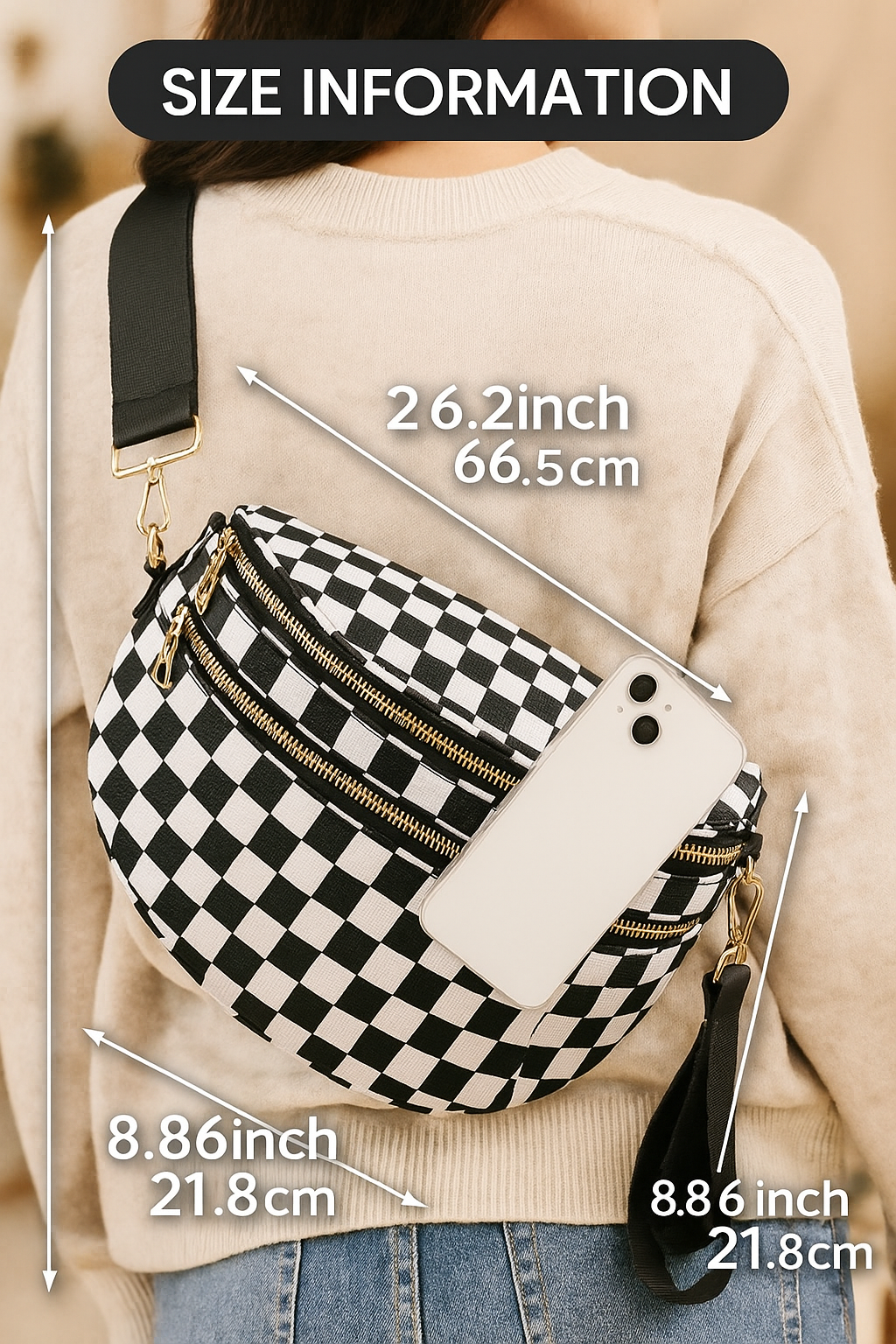 Checkered Bum Bag Crossbody - Lightweight Nylon Travel Bag for Women