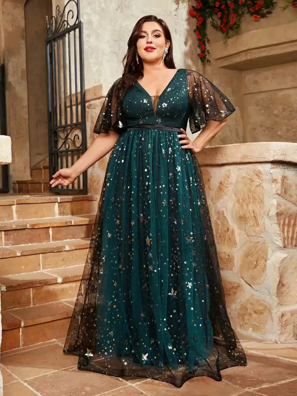 Plus size V-neck sequin embroidered Party dress - Women's Fashion - View 6