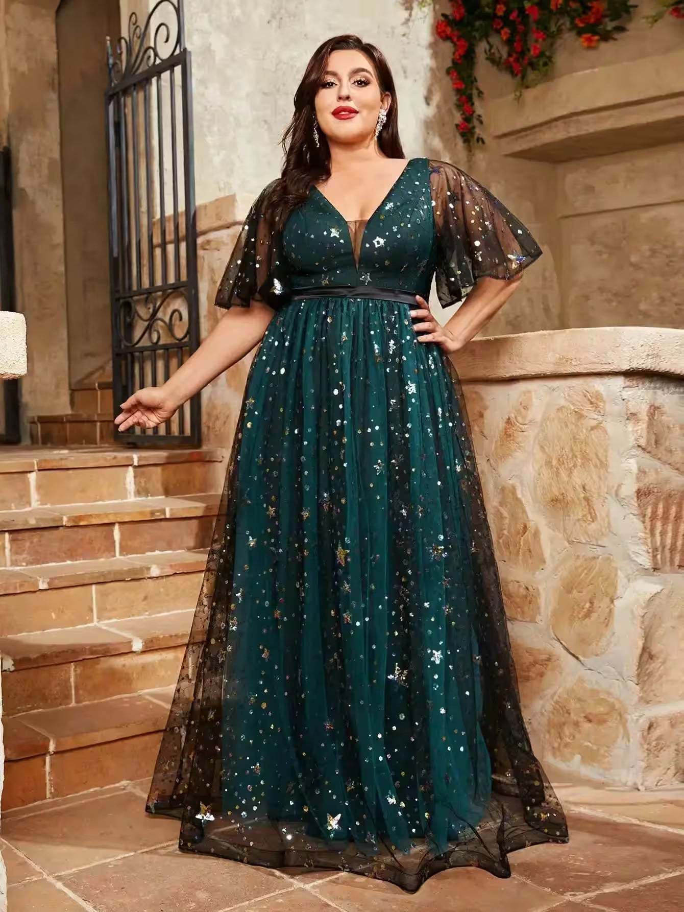 Plus size V-neck sequin embroidered Party dress - Women's Fashion - View 6