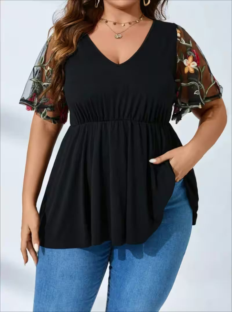 Tops - Plus Size  V-neck Casual Mesh T-shirt for Women