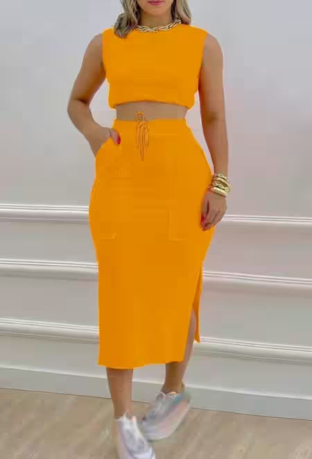 Skirt Set Solid Round Neck Short Sleeveless Top - Additional View 5