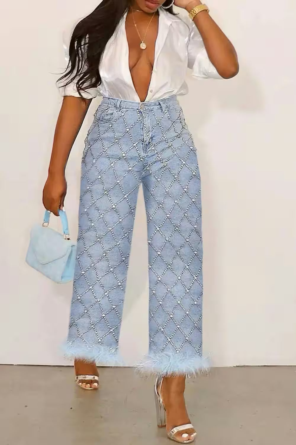 Jean Light Blue High Waist Drilling Straight - Additional View 2