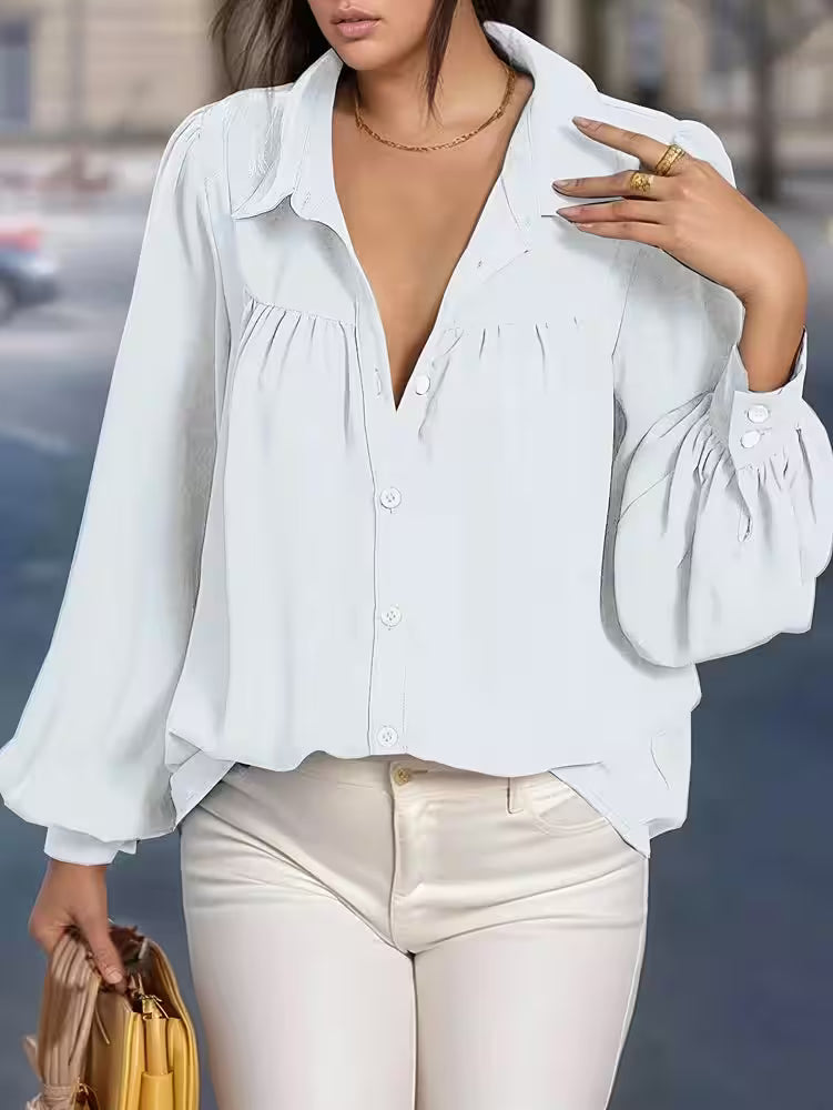 Plus Size Front Open Button Lantern Sleeve Casual - Additional View 9