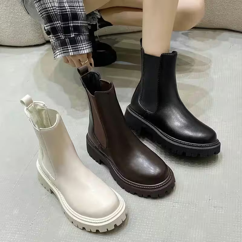 Leather Platform Short Boots Slip Elastic - Additional View 4