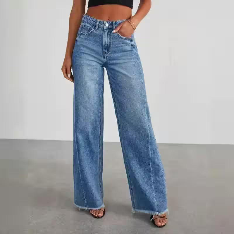 Bottoms - Wide Leg Side Seam Stitching Frayed Hem Jeans