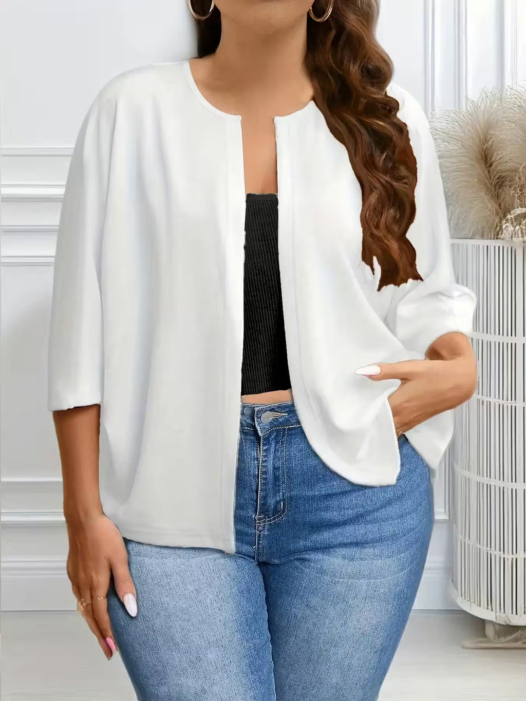 Plus Size Open Front Cardigan Lightweight 3/4 Sleeve Casual - Additional View 6