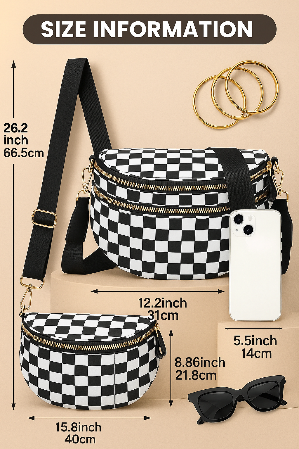 Checkered Bum Bag Crossbody - Lightweight Nylon Travel Bag for Women