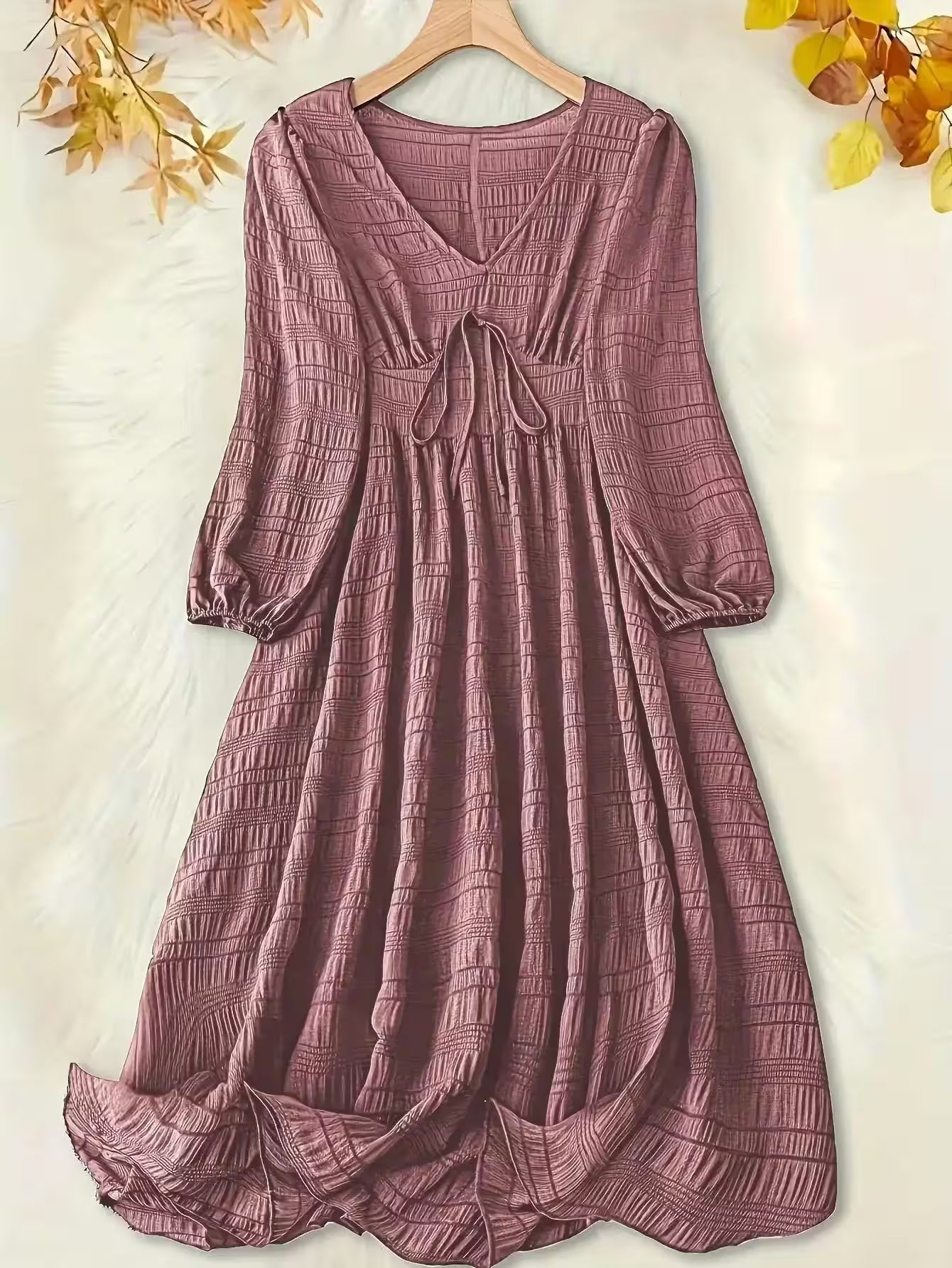 Plus Size Casual Dress with Textured Lantern Sleeves - Additional View 7
