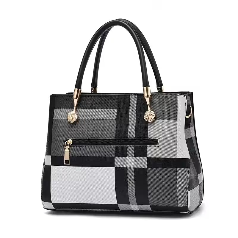 Plaid Pattern Handbag, Pompom Decor - Additional View 2