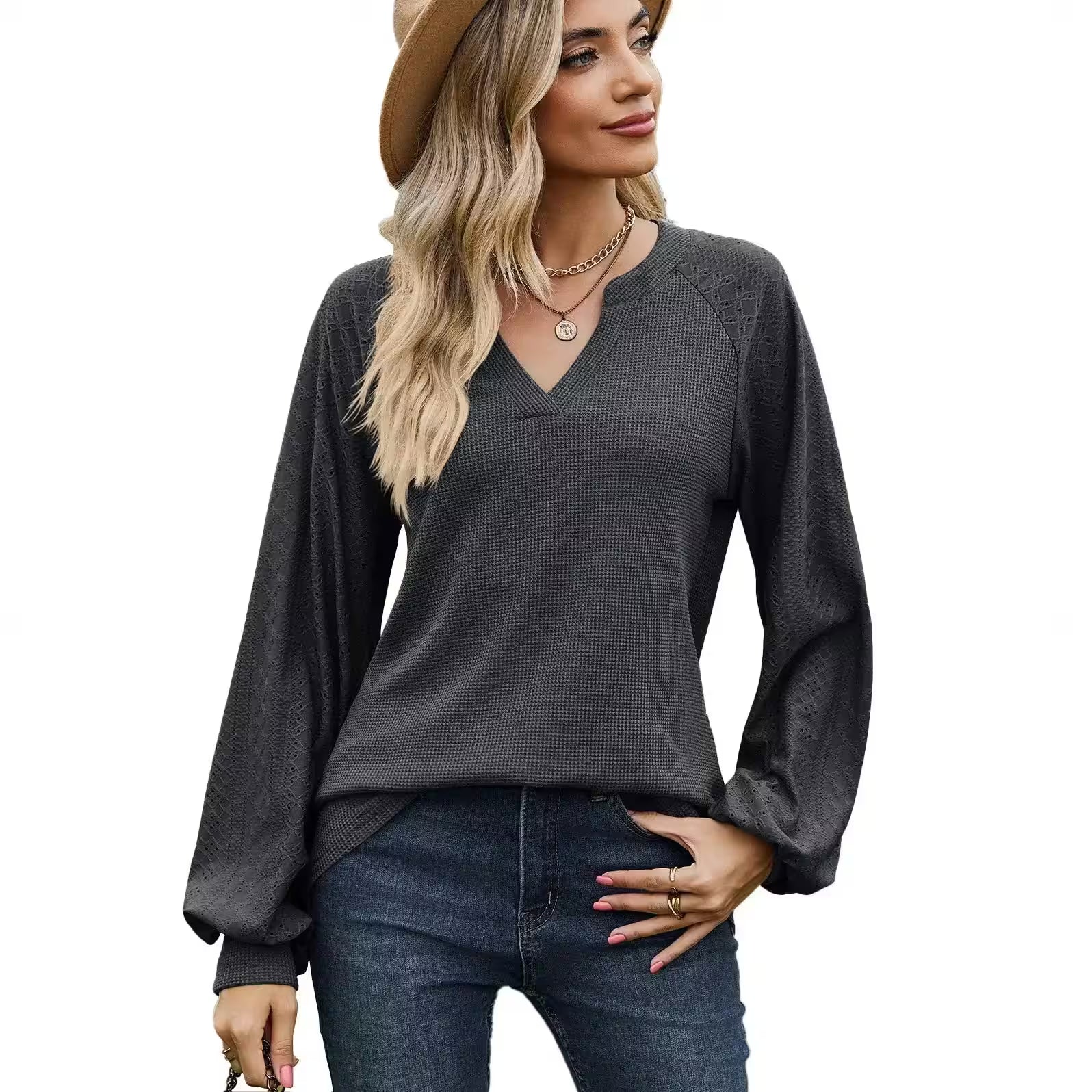 V-Neck Casual Long Sleeve T-shirt - Women's Fashion - View 4