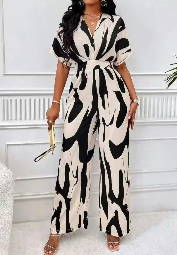 Casual Wide Leg Print V-neck Short Sleeve Jumpsuits - Casual Wide Leg Print V-neck Short Sleeve Jumpsuits for Women