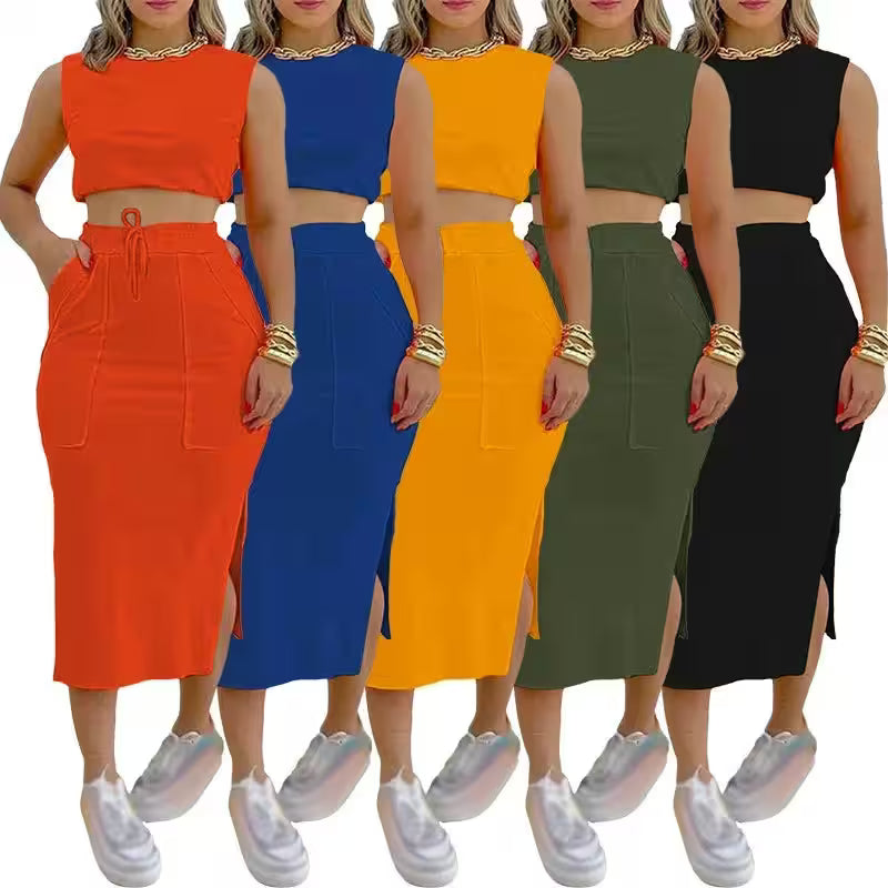 Skirt Set Solid Round Neck Short Sleeveless Top - Additional View 2
