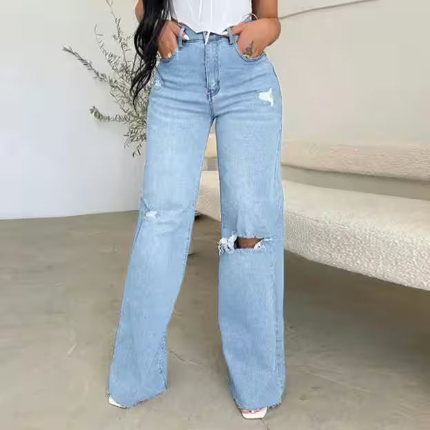 Jeans Long High Waist Ripped Frayed Comfortable Wide Leg - Additional View 3