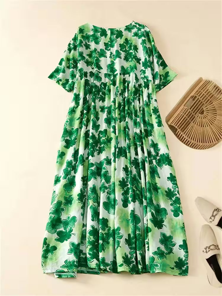 Plus Size Pleated Vintage Floral Dress Casual - Additional View 3