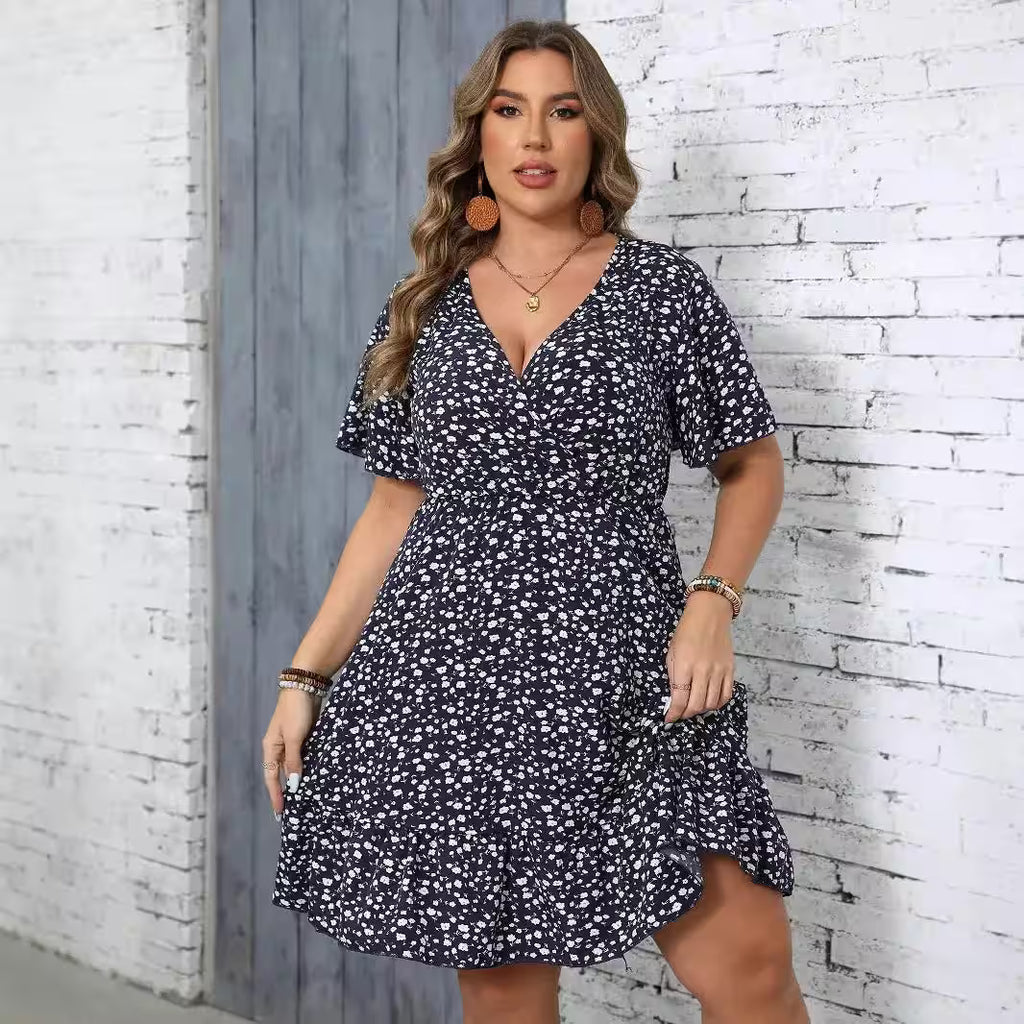 Large-size Floral Short-sleeved Package V-neck A-line Dress - Additional View 3