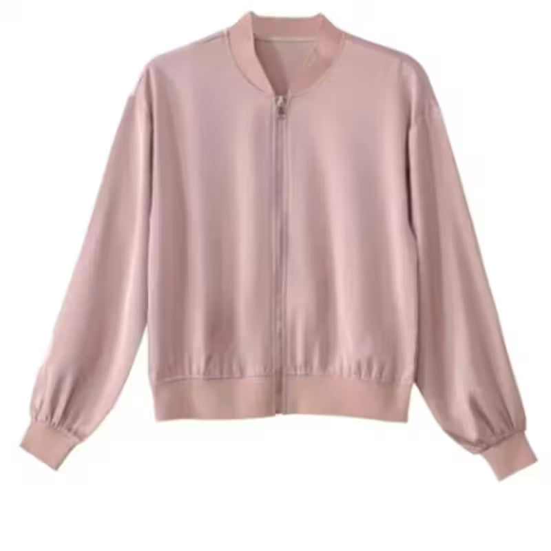 Coat Short - silk-short-jacket-woman-coat-loose-satin-outwear-solid-color-cloth-zip-baseball-jacket-spring-autumn-clothes-thin-female-jacket