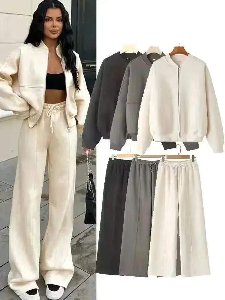 2-piece Retro Solid Color Zipper Bomber Jacket - Additional View 13