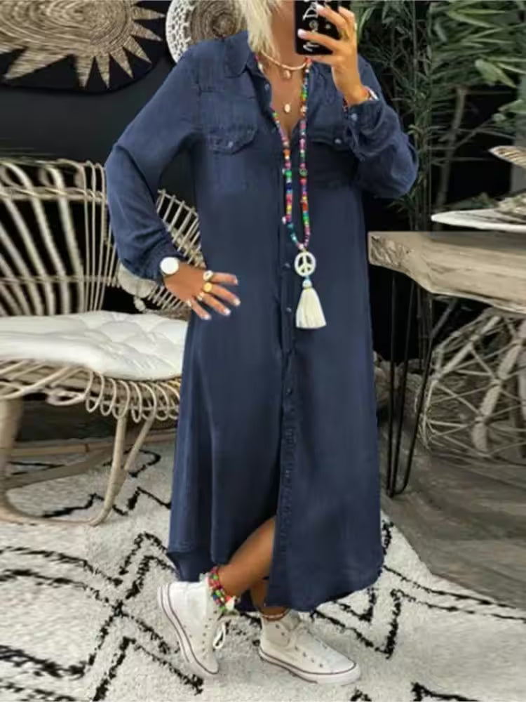 Plus Size Casual Dress Elegant Button Long Sleeve - Additional View 2