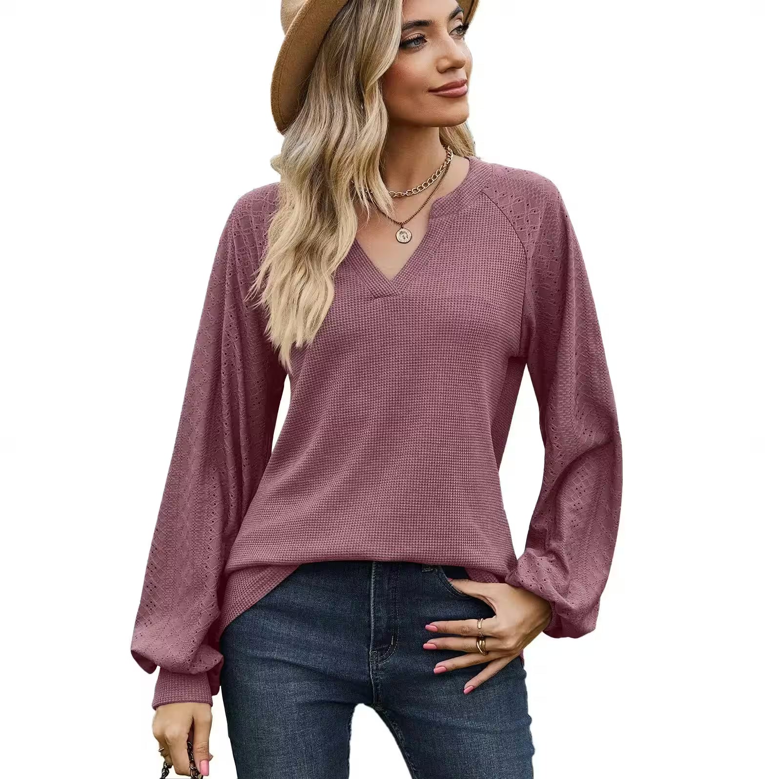 Tops - V-Neck Casual Long Sleeve T-shirt for Women