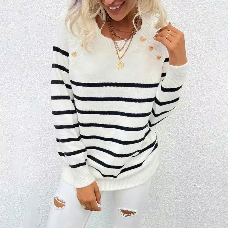 Striped Pullover Shoulder Button Sweater - Women's Fashion - View 3