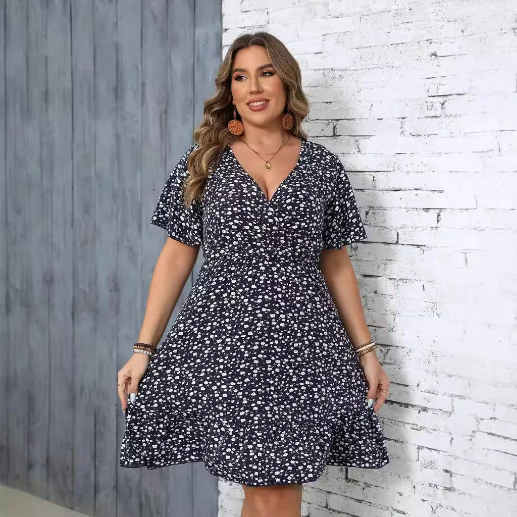 Large-size Floral Short-sleeved Package V-neck A-line Dress - Additional View 4