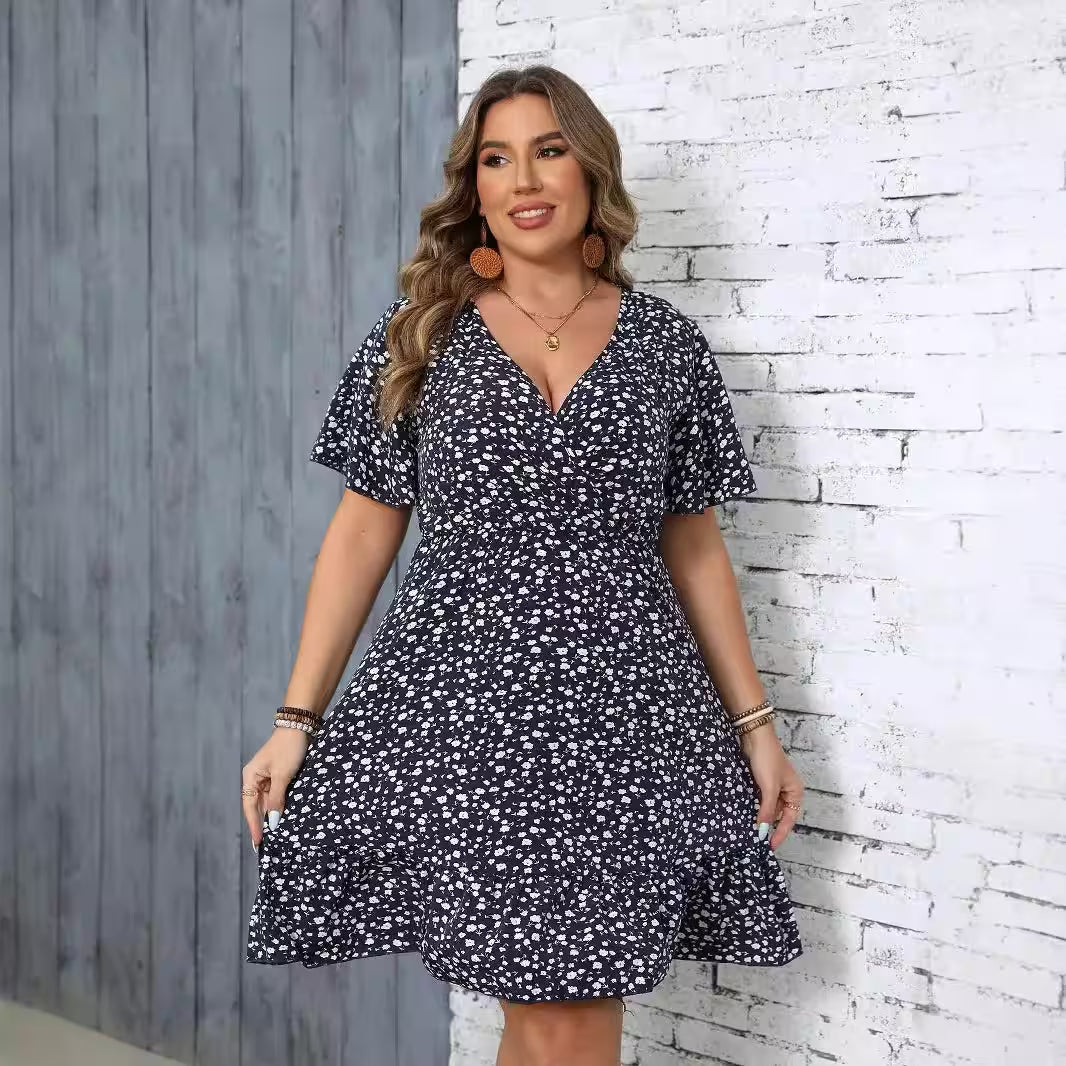 Large-size Floral Short-sleeved Package V-neck A-line Dress - Additional View 4