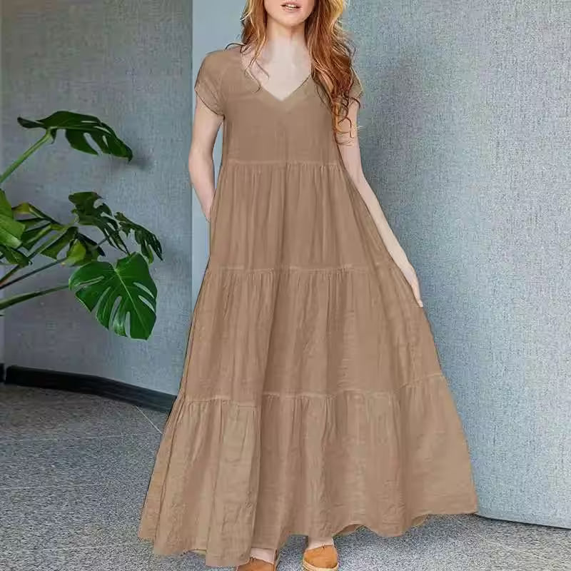 Dress Bohemian Holiday Sundress V Neck Short Sleeve - Additional View 9