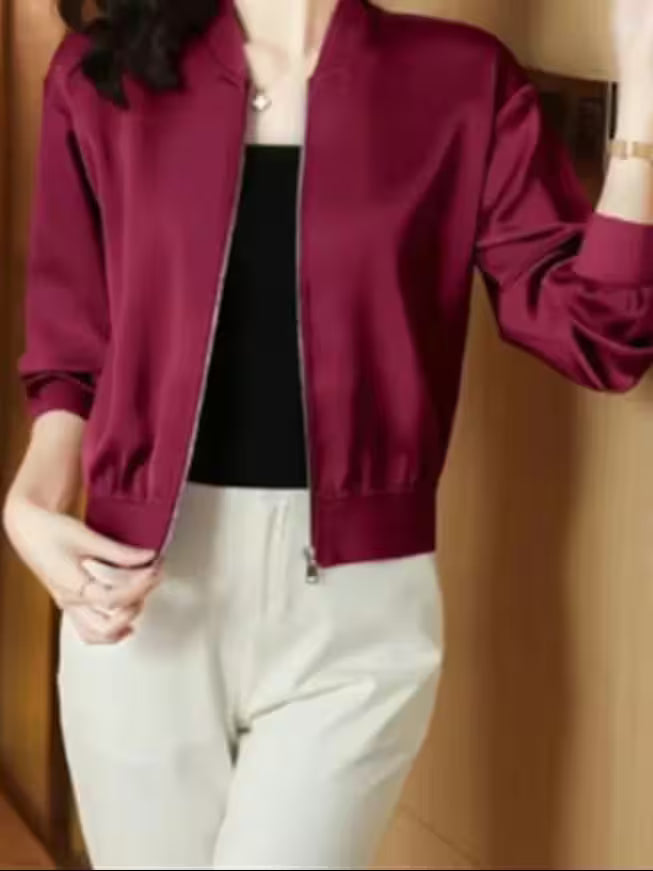 Coat Short - silk-short-jacket-woman-coat-loose-satin-outwear-solid-color-cloth-zip-baseball-jacket-spring-autumn-clothes-thin-female-jacket