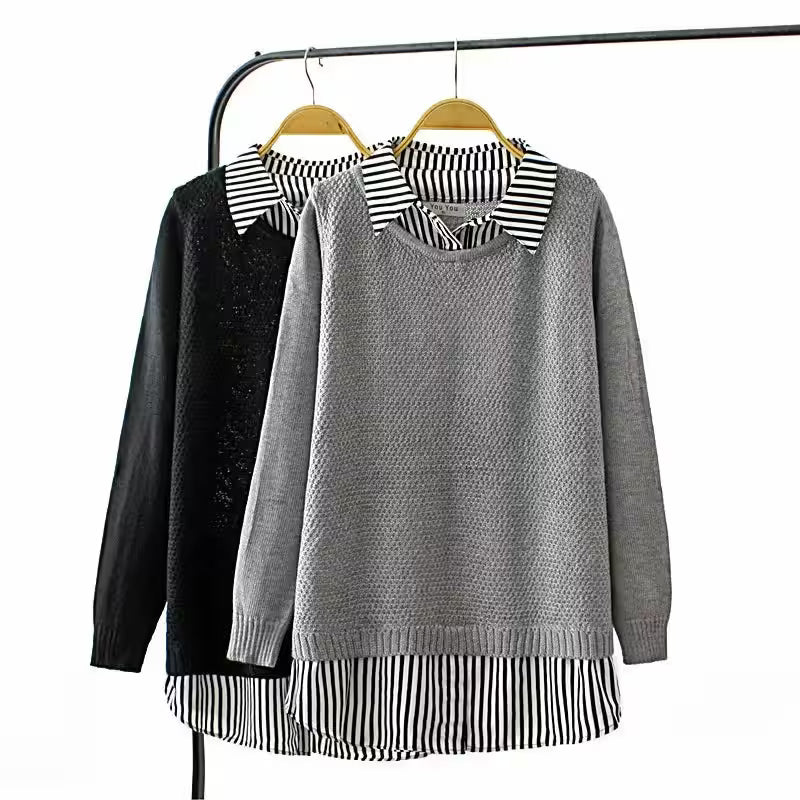 Plus Size Patchwork Striped Sweater Two Pieces - Additional View 3