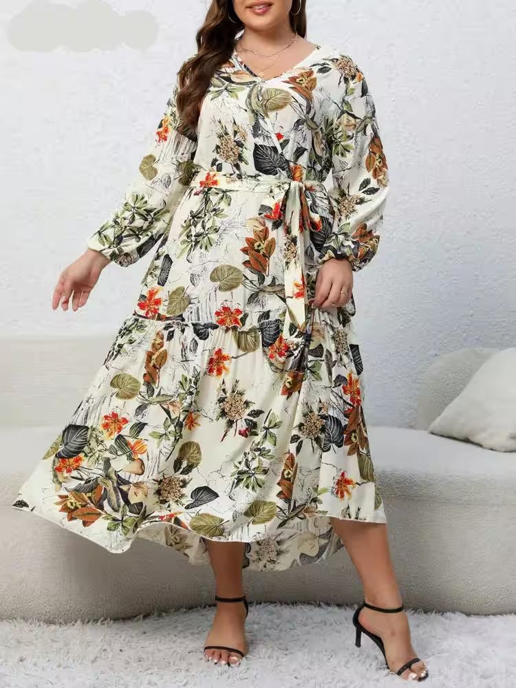 Dresses - Plus Size Floral Print Belted Dress Spring for Women