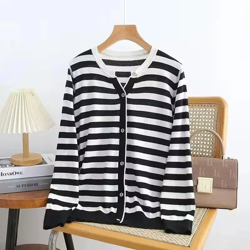 Plus Size  V-Neck Stripe Knitted Pullover - Additional View 9