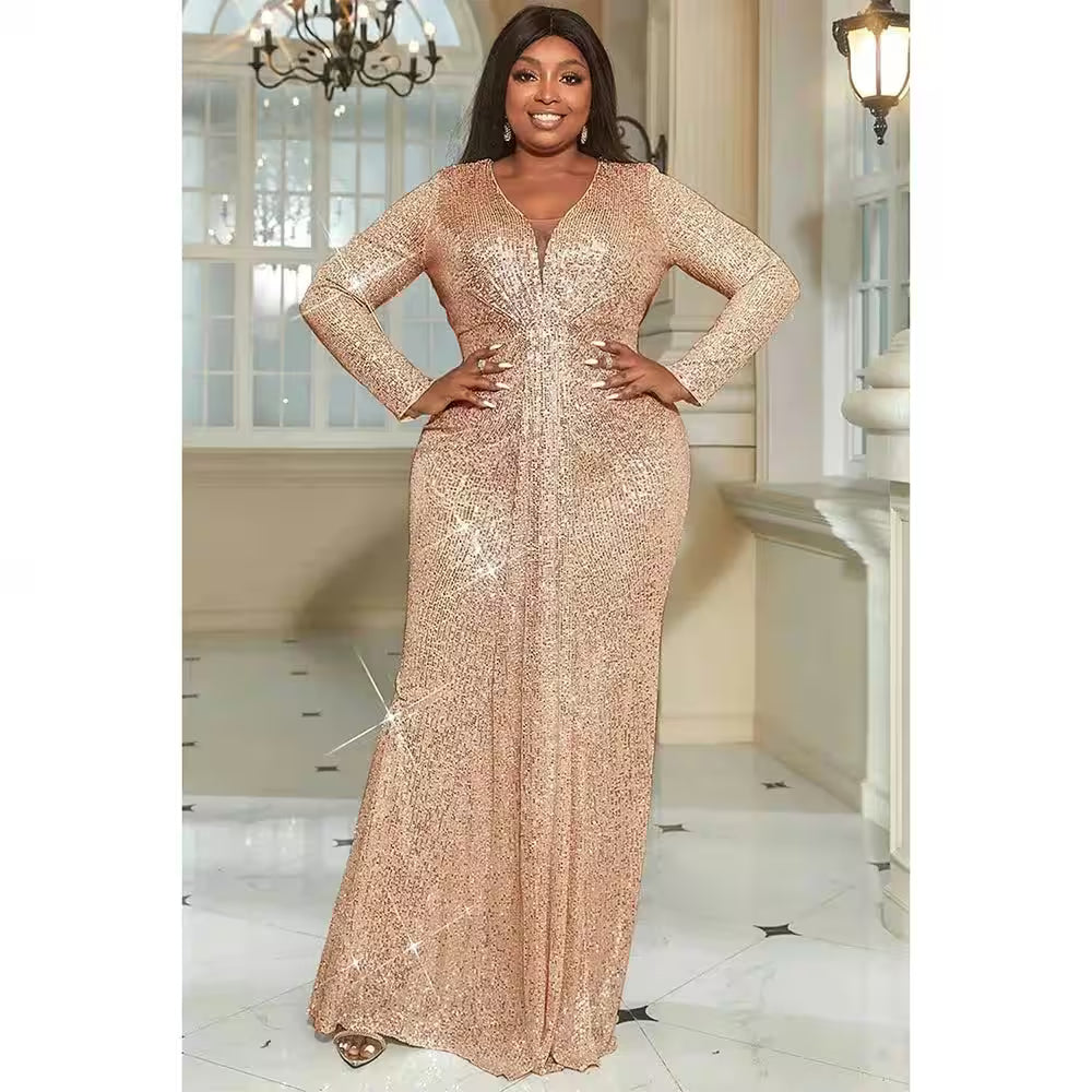 Plus Size Black Formal V-Neck Sequin Maxi Dress - Women's Fashion - View 3