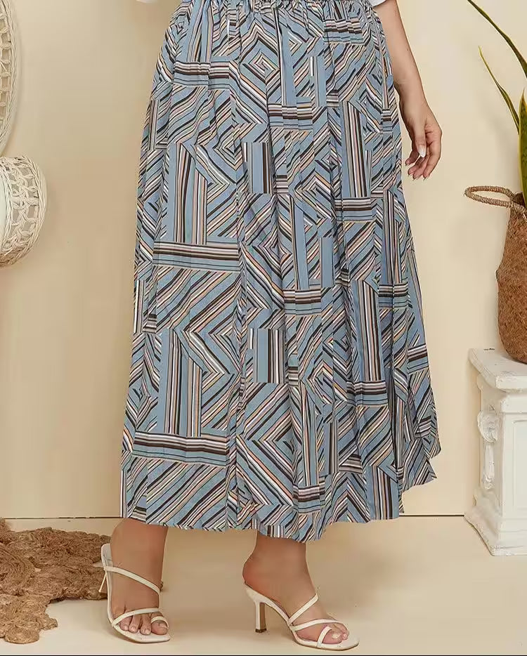 Plus Size Geometric Print Pleated Maxi Long Skirts - Additional View 3